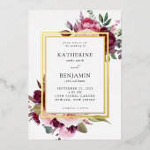 Bourgondië en roze elegante bloemenbruiloft folie uitnodiging (Voorkant)