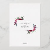 Bourgondië en roze elegante bloemenbruiloft folie uitnodiging (Achterkant)