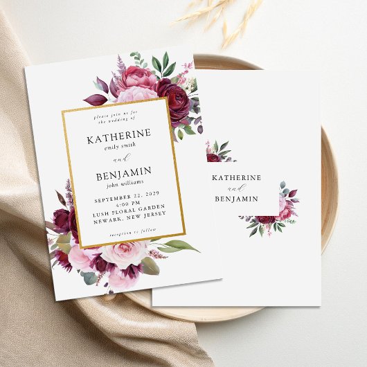 Bourgondië en roze elegante bloemenbruiloft kaart