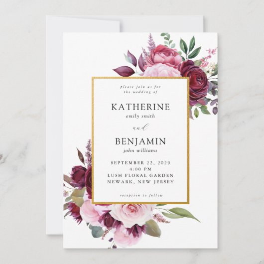 Bourgondië en roze elegante bloemenbruiloft kaart (Voorkant)