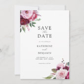 Bourgondië en roze elegante bloemenbruiloft save the date (Voorkant)