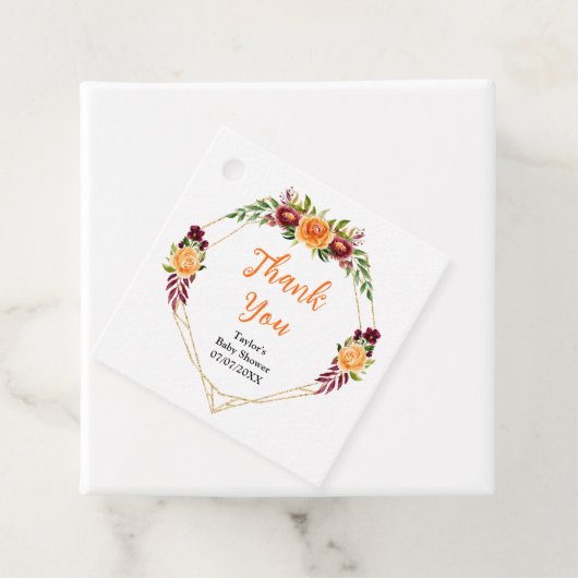 Bourgondië en Sinaasappel Bloemen Baby shower Dank Bedankjes Labels (In situ)