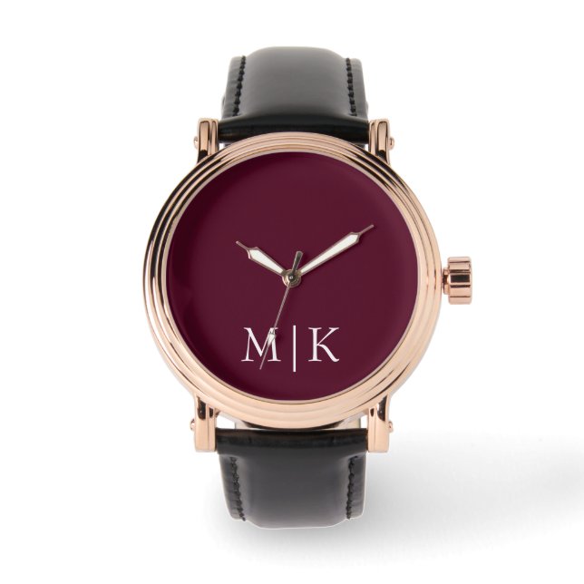 Bourgondië en Wit | Modern monogram Horloge (Voorkant)