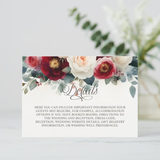 Bourgondië en witte bloemen bruiloft details informatiekaartje (Staand voorkant)