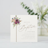 Bourgondië en zacht ivoor bloemenkruis doop kaart (Staand voorkant)