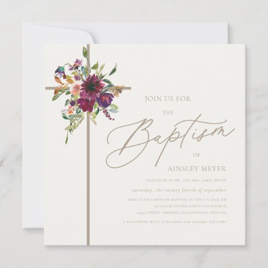 Bourgondië en zacht ivoor bloemenkruis doop kaart (Voorkant)