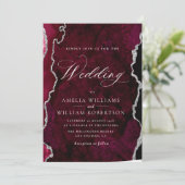 Bourgondië en zilver agaat kalligrafie bruiloft kaart (Staand voorkant)