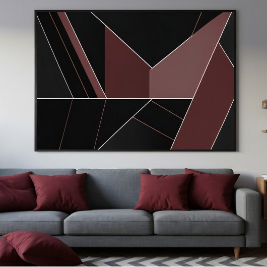 Bourgondië en Zwarte Abstracte Geometrie Canvas Afdruk