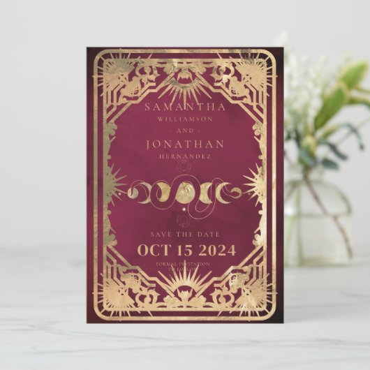 Bourgondië & Faux Gold Tarot Celestial Save The Date (Staand voorkant)