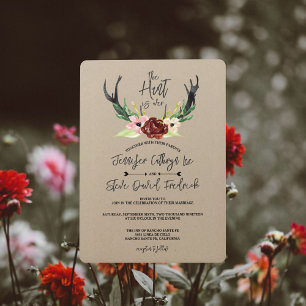 Bourgondië Floral Antler Boho Hunt is over bruilof Kaart