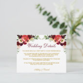 Bourgondië Floral Boho trouwdetails invoegen Kaart (Staand voorkant)