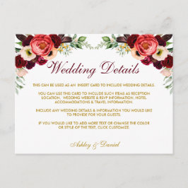 Bourgondië Floral Boho trouwdetails invoegen Kaart