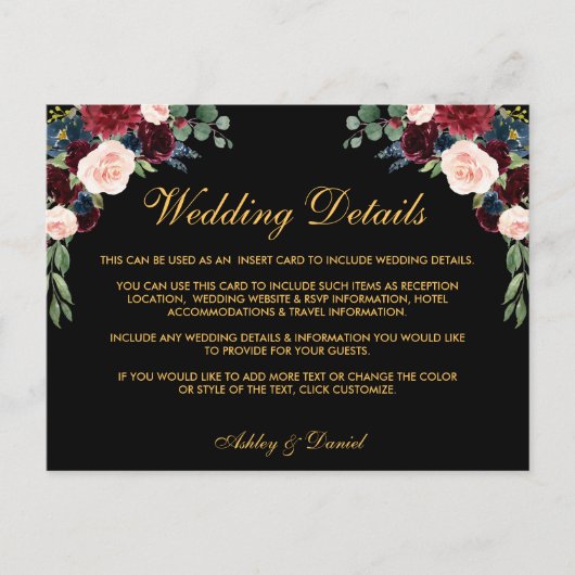 Bourgondië Floral bruiloft Details invoegen Kaart  (Voorkant)