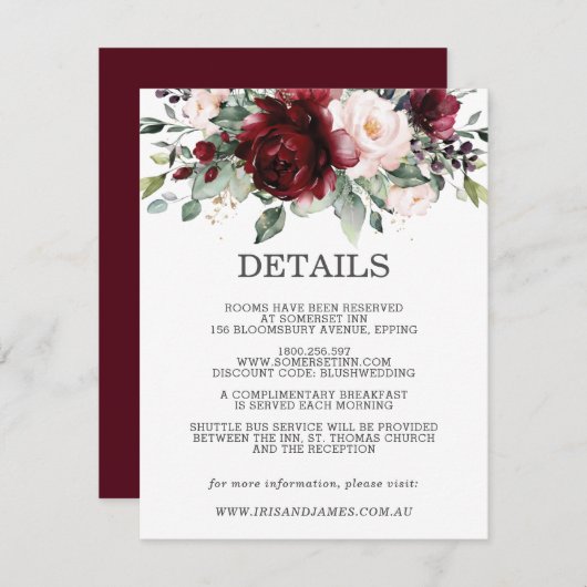 Bourgondië Floral bruiloft Gast Details Informatie Informatiekaartje (Voorkant / Achterkant)