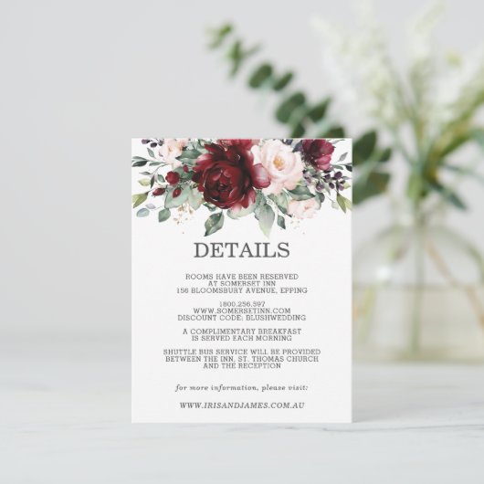 Bourgondië Floral bruiloft Gast Details Informatie Informatiekaartje (Staand voorkant)