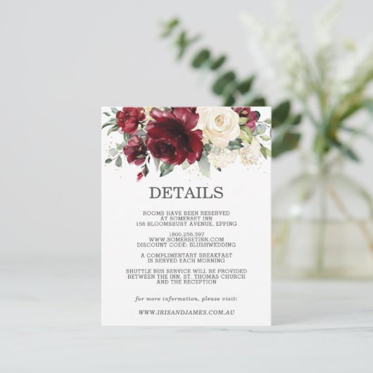 Bourgondië Floral bruiloft Gast Details Informatie Informatiekaartje (Staand voorkant)