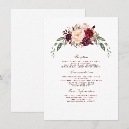 Bourgondië Floral bruiloft informatie gast Informatiekaartje (Voorkant / Achterkant)