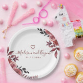 Bourgondië Floral Elegant Monogram Rustieke Bruilo Papieren Bordje (Feest)