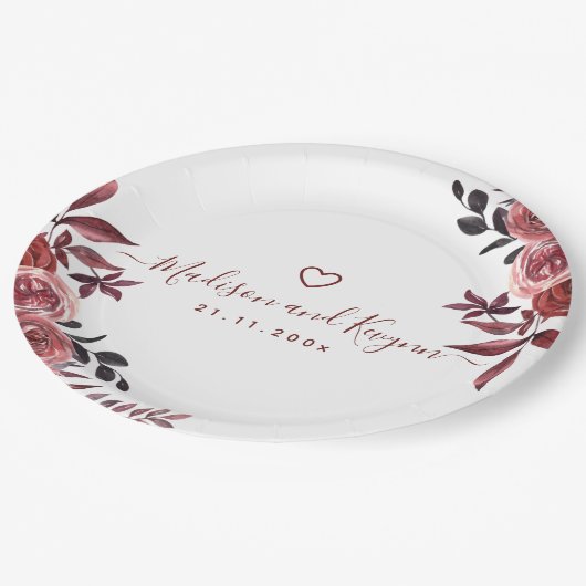 Bourgondië Floral Elegant Monogram Rustieke Bruilo Papieren Bordje (Gekanteld)