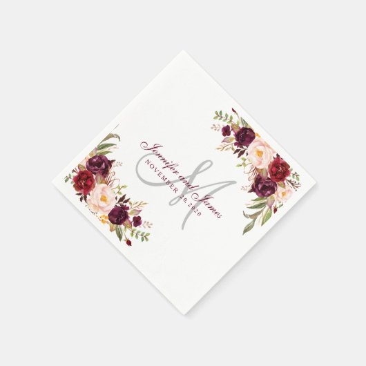 Bourgondië Floral Elegant Monogram Rustieke Bruilo Servet (Hoek)