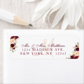 Bourgondië Floral Elegant Monogram Trouwadres Etiket (Insitu)