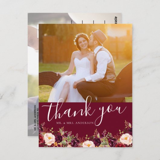Bourgondië Floral foto rustieke bruiloft dank u Briefkaart (Voorkant / Achterkant)