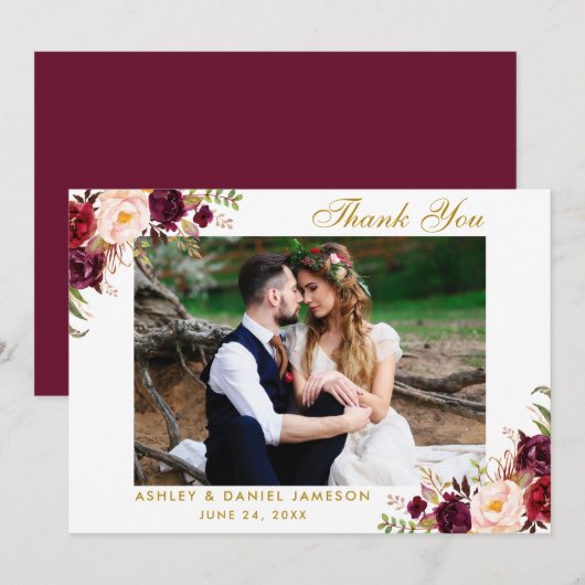 Bourgondië Floral Gold bruiloft dank u Bedankkaart (Voorkant / Achterkant)