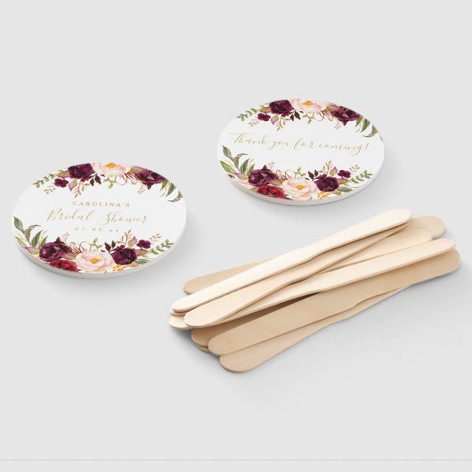 Bourgondië Floral Gold Script Vrijgezellenfeest Handwaaier (Niet-gemonteerd)