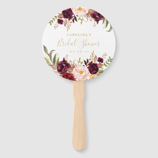 Bourgondië Floral Gold Script Vrijgezellenfeest Handwaaier (Voorkant)