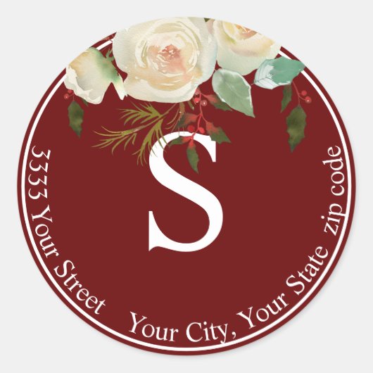 Bourgondië Floral Holiday Monogram retouradres Ronde Sticker (Voorkant)