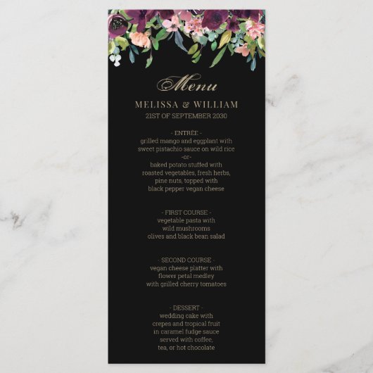 Bourgondië Floral koraal zwart bruiloft Menu (Voorkant)