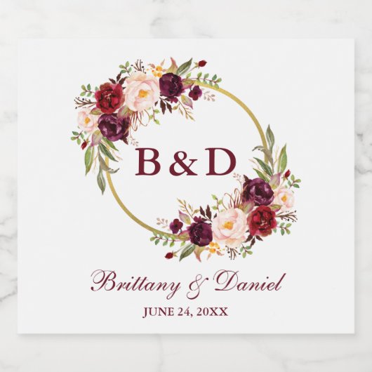 Bourgondië Floral krans Monogram bruiloft Sparkling Wijnetiket (Enkel label)