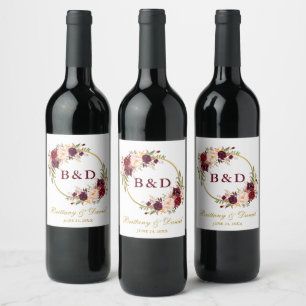 Bourgondië Floral krans Monogram Gouden bruiloft Wijn Etiket
