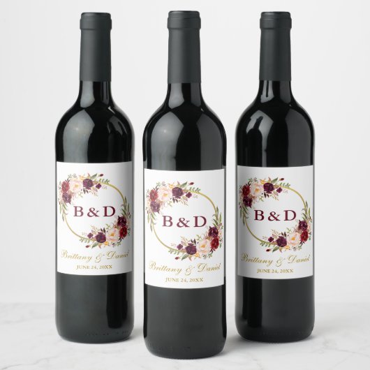 Bourgondië Floral krans Monogram Gouden bruiloft Wijn Etiket (Flessen)