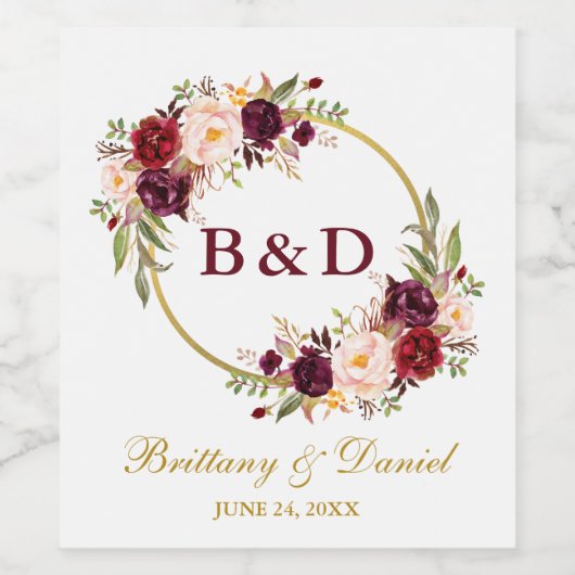 Bourgondië Floral krans Monogram Gouden bruiloft Wijn Etiket (Enkel label)