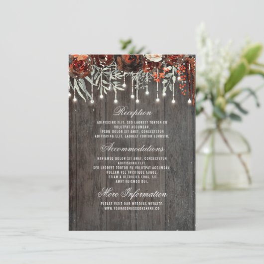 Bourgondië Floral Lights Trouwinformatie Gast Informatiekaartje (Staand voorkant)