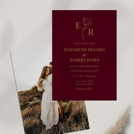 Bourgondië Floral Monogram Custom Foto Bruiloft Kaart