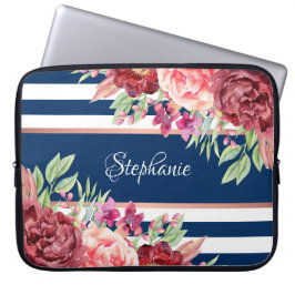 Bourgondië Floral Navy Blue Stripes gepersonalisee Laptop Sleeve