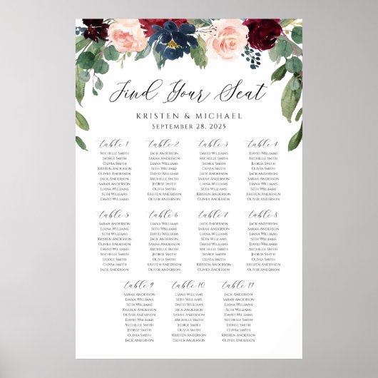 Bourgondië Floral Vind uw zitplaatskaart Poster (Voorkant)