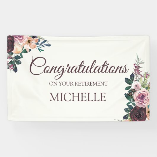 Bourgondië Floral Vrouwen pensioen Gefeliciteerd Spandoek (Horizontaal)