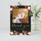 Bourgondië Floral zwart goud foto bruiloft dank u Bedankkaart (Staand voorkant)