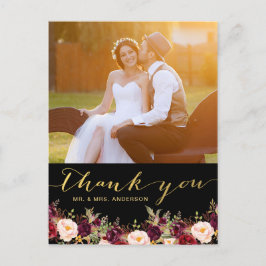 Bourgondië Floral zwart goud foto bruiloft dank u Briefkaart