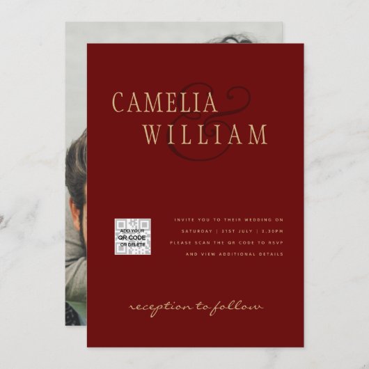 Bourgondië Foto Huwelijksuitnodiging QR Code Bewaa Kaart (Voorkant / Achterkant)