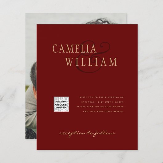 Bourgondië Foto Trouw Uitnodiging QR Code Bewaar D (Voorkant / Achterkant)