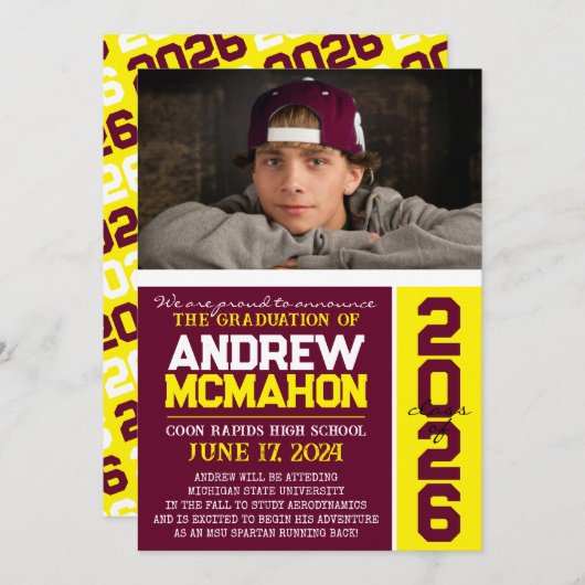 Bourgondië & geel Afstuderen Foto Aankondiging (Voorkant / Achterkant)