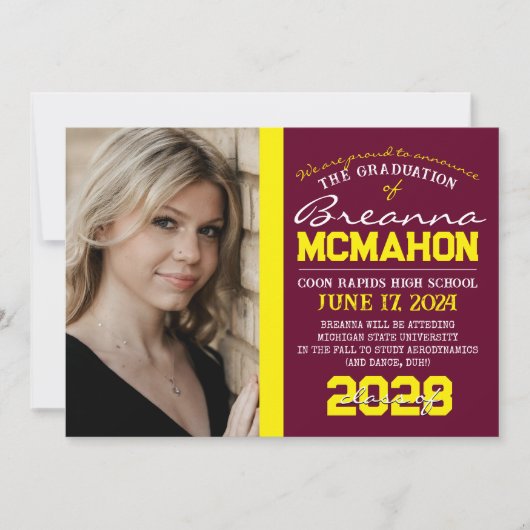 Bourgondië & geel Afstuderen Foto Aankondiging (Voorkant)