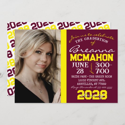 Bourgondië & geel Afstuderen fotouitnodiging Kaart (Voorkant / Achterkant)