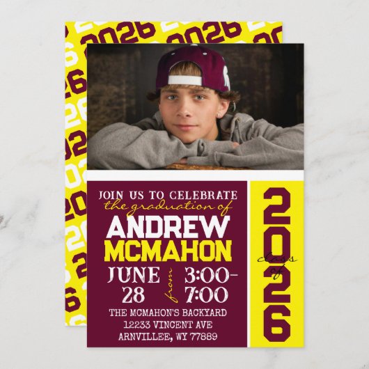 Bourgondië & geel Afstuderen fotouitnodiging Kaart (Voorkant / Achterkant)