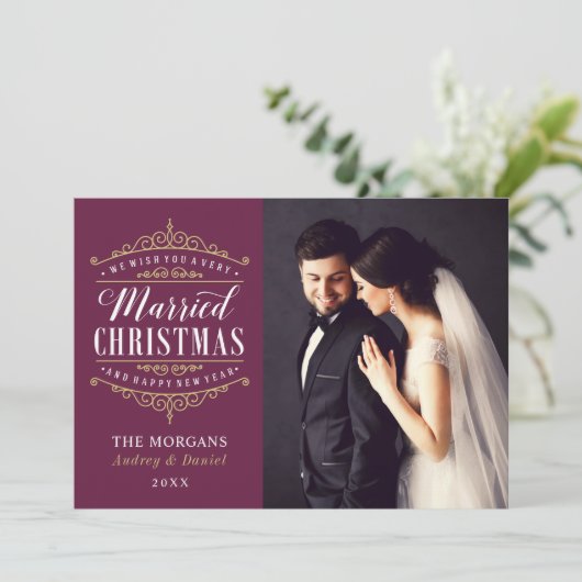 Bourgondië getrouwd met kerst bruiloft foto Feestdagenkaart (Staand voorkant)