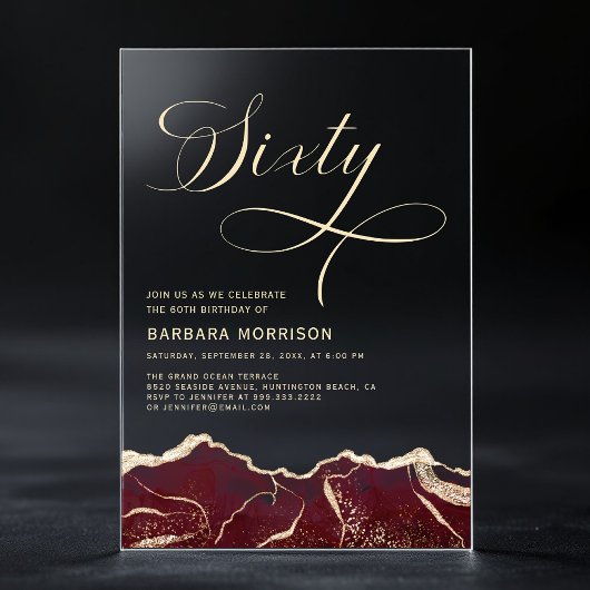 Bourgondië Gold Agate 60e Zestig Verjaardagsfeest Acryl Uitnodigingen